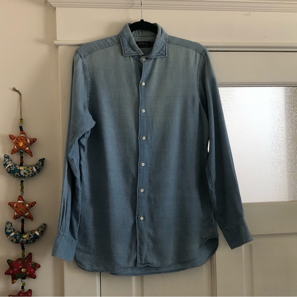 Ralph Lauren Men's Button Down Shirt Casual Cotton Top Long Sleeve Blue Textured